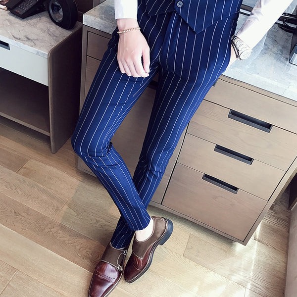 Double Breasted Slim Fit Striped 3 pcs Set