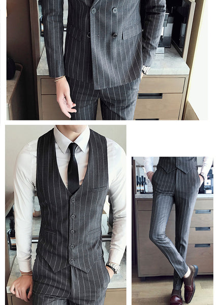 Double Breasted Slim Fit Striped 3 pcs Set
