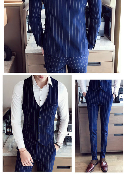 Double Breasted Slim Fit Striped 3 pcs Set