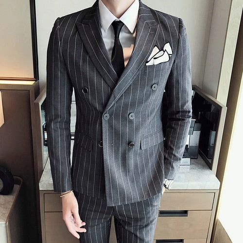 Double Breasted Slim Fit Striped 3 pcs Set