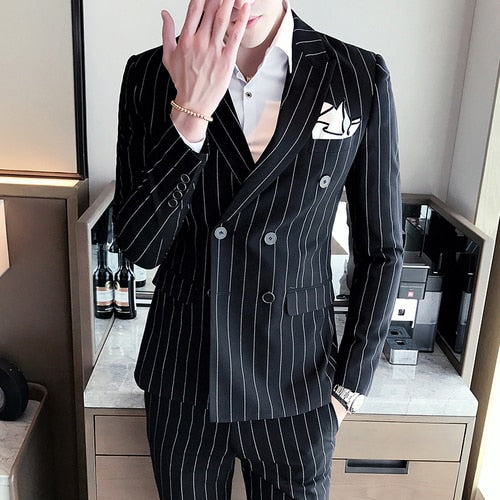 Double Breasted Slim Fit Striped 3 pcs Set