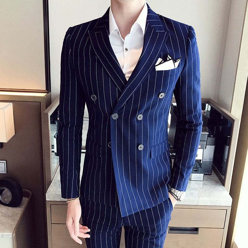 Double Breasted Slim Fit Striped 3 pcs Set